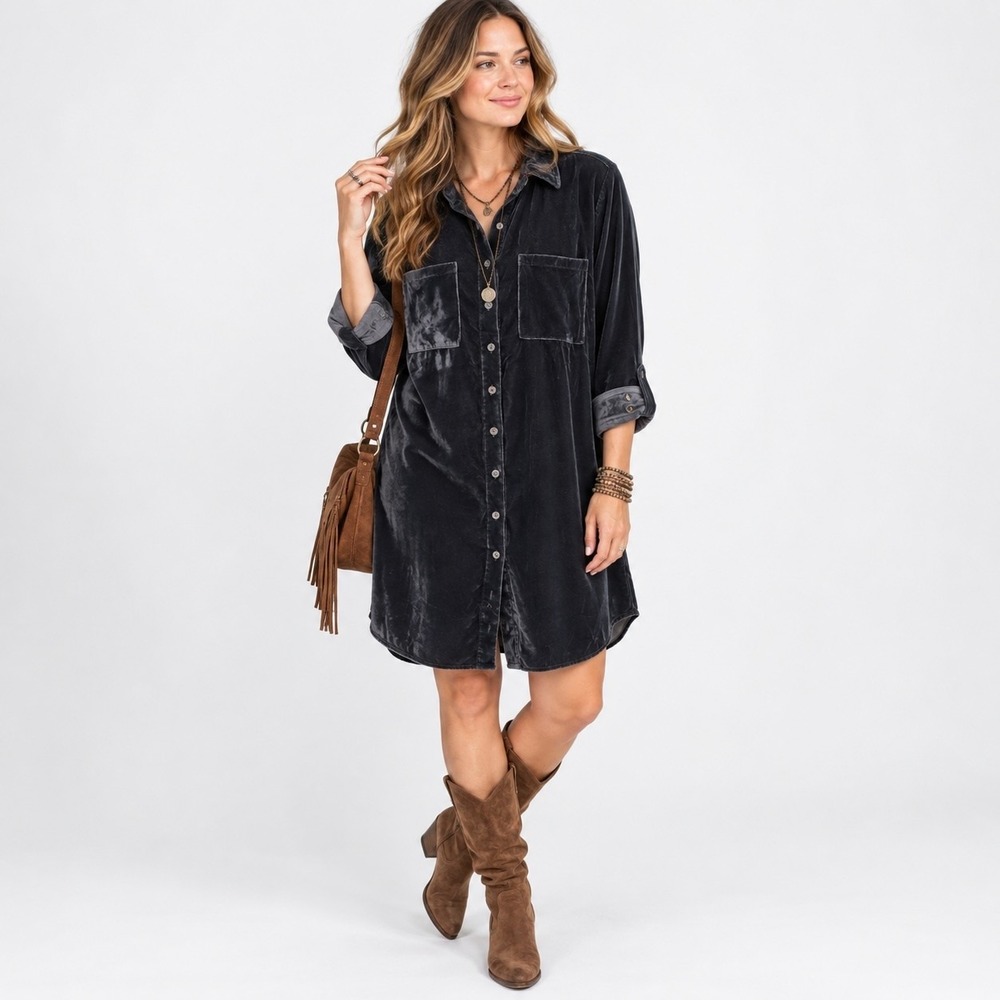 Natural Life Velvet Boho Shirt Dress Womens S Gray Long Sleeve Pockets Button Up